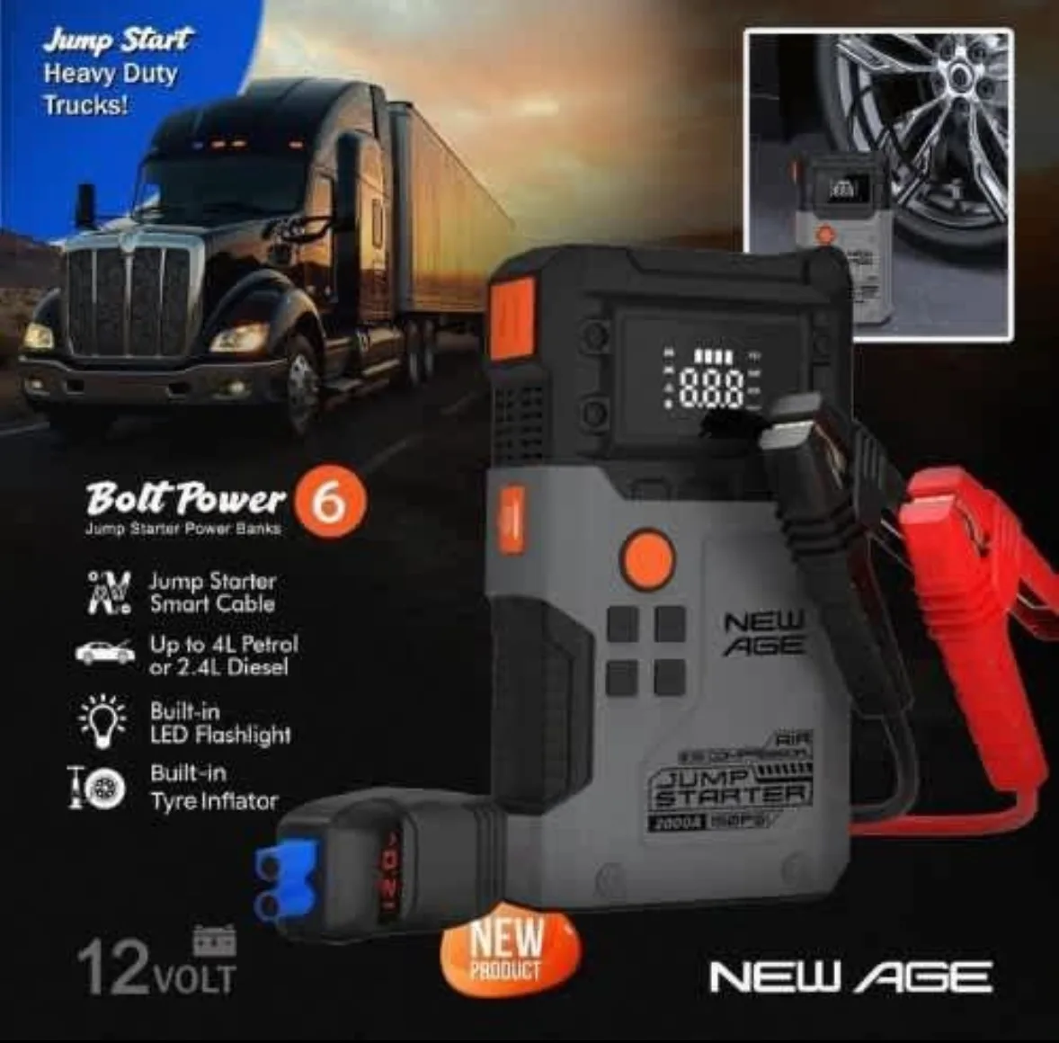 New Age 2000A Jump Starter, Power Bank & Tyre Inflator – 16000mAh, photo 3