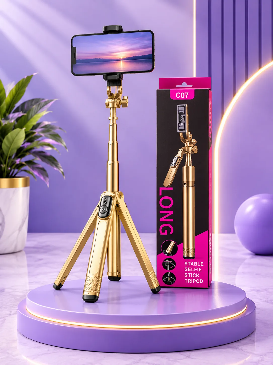 C07 Long Selfie Stick Tripod Stand with Phone Holder, photo 2
